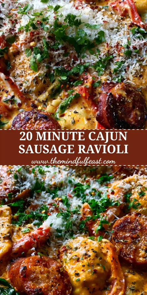 Cajun Sausage Ravioli: A Creamy One-Skillet Creole Comfort Meal 4 A close-up shot of a cast iron skillet containing creamy Cajun Sausage Ravioli with seared Andouille, red peppers, and wilted spinach topped with parmesan.