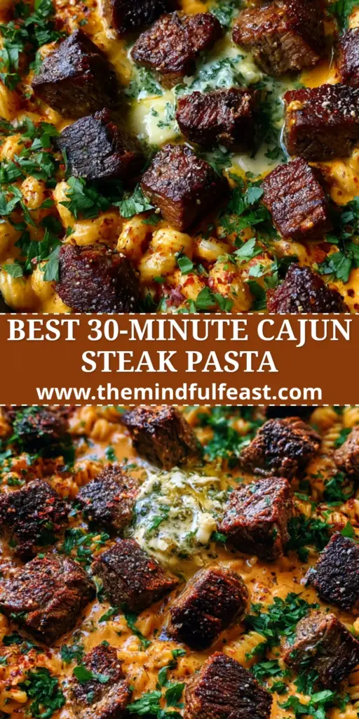 Cajun Butter Steak Pasta with Garlic Herb Butter 4 A top-down angled photo of Creamy Cajun Butter Steak Pasta in a cast iron skillet with radiatori pasta and mahogany-seared steak bites.