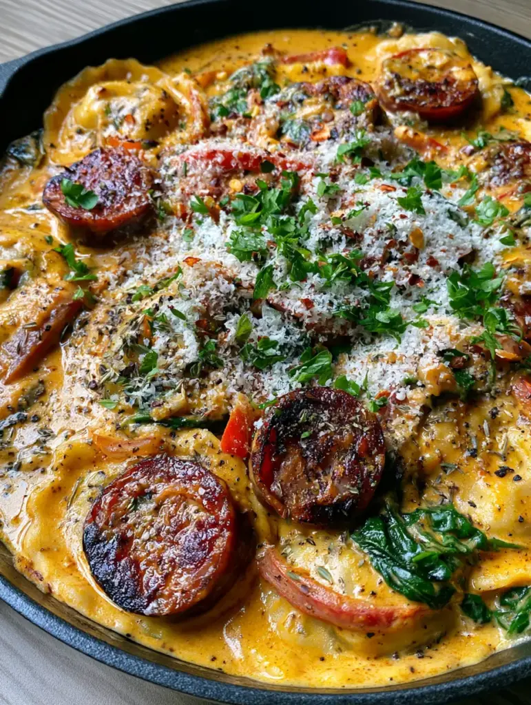 Cajun Sausage Ravioli: A Creamy One-Skillet Creole Comfort Meal 2 Top-down view of Cajun Sausage Ravioli in a matte black cast iron skillet with visible specks of black pepper and dried thyme. (Cajun Sausage Ravioli)
