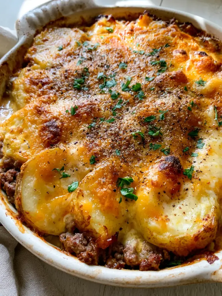 Baked Beef Supper with Shingled Yukon Gold Potatoes and Gooey Cheese 1 Close up of shingled Yukon Gold potatoes peeking through a creamy onion sauce in a baked beef supper.