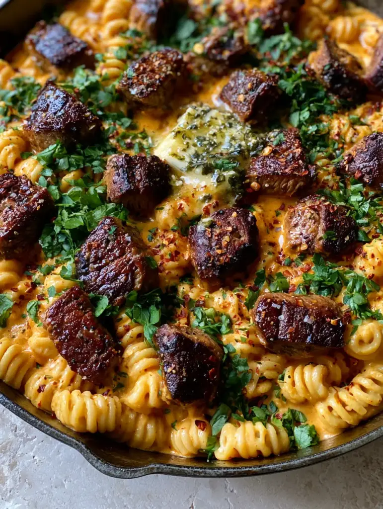 Cajun Butter Steak Pasta with Garlic Herb Butter 2 Close up of al dente radiatori pasta coated in orange Cajun cream sauce with seared steak bites and melted herb butter. (Cajun Butter Steak Pasta)