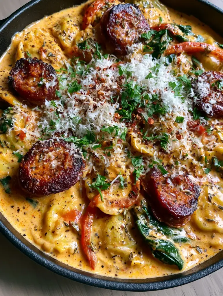 Cajun Sausage Ravioli: A Creamy One-Skillet Creole Comfort Meal 1 Detailed close-up of seared mahogany Andouille sausage rounds nestled in a Creole cream sauce with cheese ravioli and red peppers. (Cajun Sausage Ravioli)