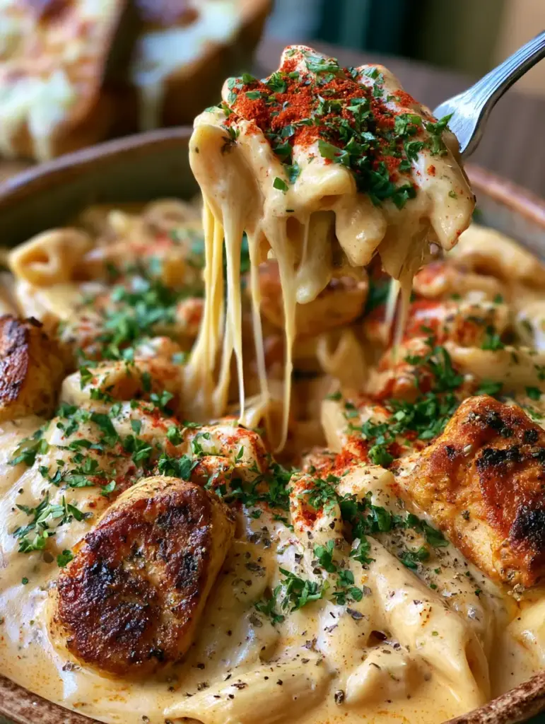 Creamy Pepper Jack Cajun Chicken Pasta with Toasted Garlic Sourdough 2 Close-up of penne pasta submerged in glossy pale-orange pepper jack sauce with charred chicken chunks. (Creamy Pepper Jack Cajun Chicken Pasta)