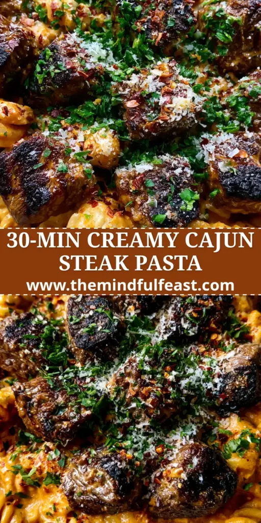 A top-down view of a rustic ceramic bowl filled with Cajun steak tips pasta, featuring charred beef, orange cream sauce, and fresh parsley.