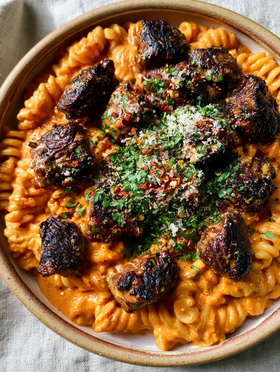 Cajun steak tips pasta in a bowl showing rotini coated in orange cream sauce with charred steak on top.