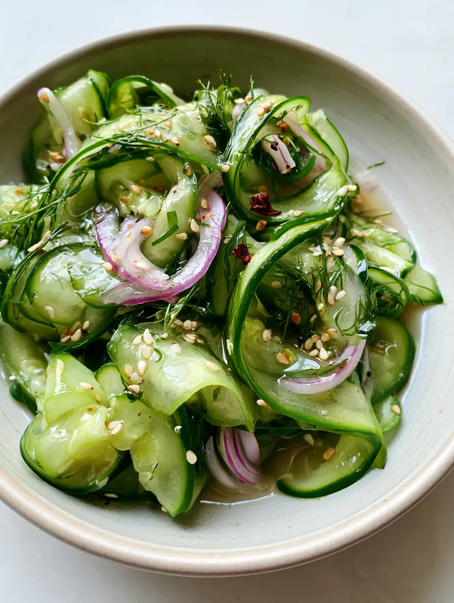 Cucumber Vinegar Salad with Fresh Dill and Toasted Sesame 3 Smartphone-style photo of translucent cucumber ribbons with bright green skins in a cucumber vinegar salad.