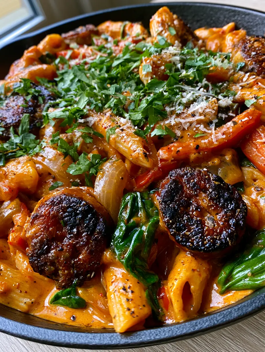 Creamy Smoky Cajun Sausage Penne with Charred Andouille 3 A handheld smartphone photo showing a matte black skillet filled with creamy smoky cajun sausage penne and wilted spinach.