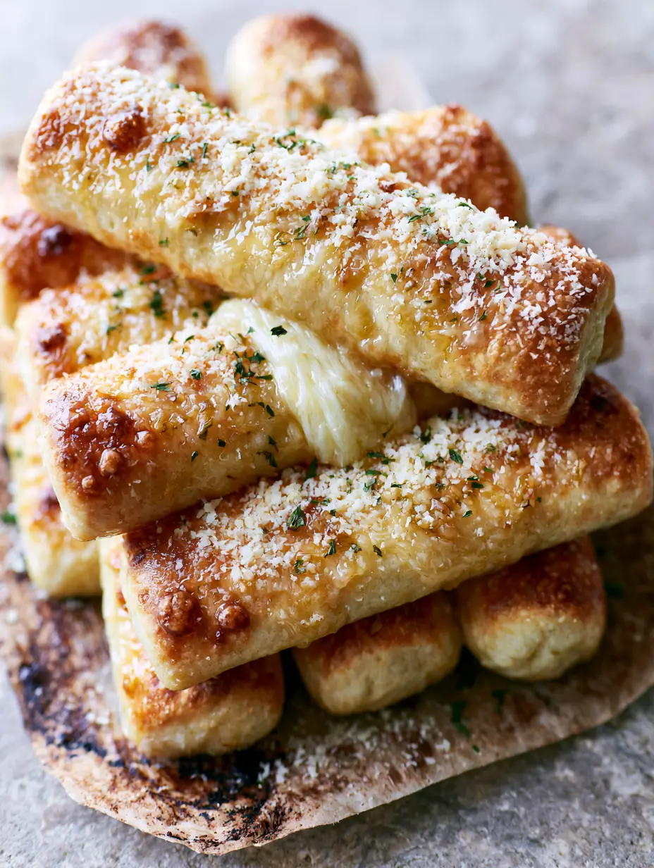 Little Caesars Style Crazy Bread Recipe: The Ultimate Cheesy Garlic Breadsticks 3 Close-up of two Little Caesars style breadsticks being pulled apart to show a stretchy mozzarella cheese pull.