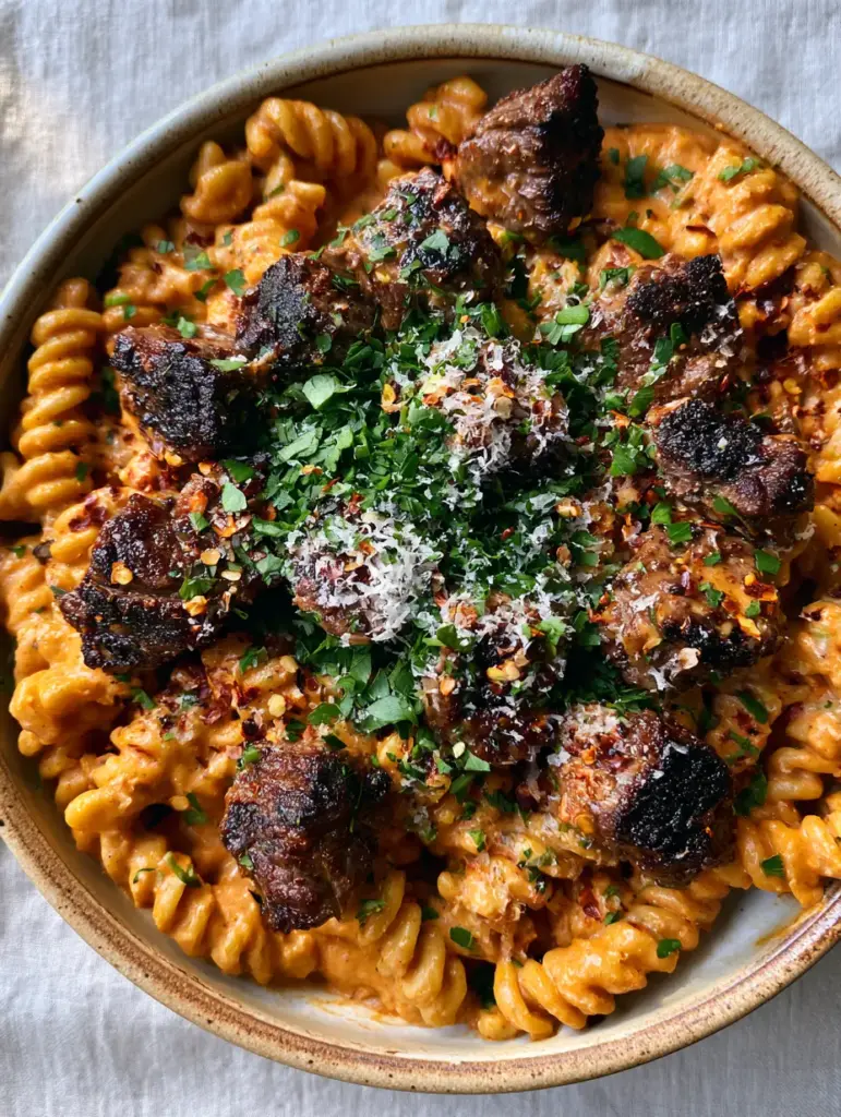 Close up of Cajun steak tips pasta with finely grated parmesan and red chili flakes garnish.