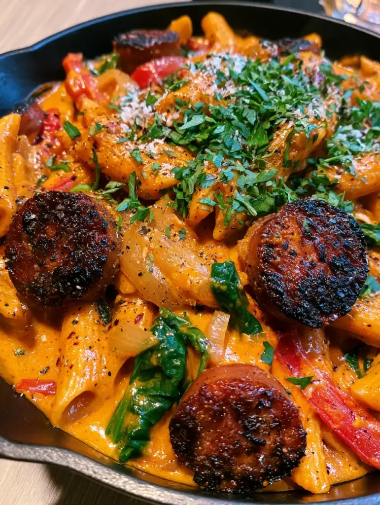 Creamy Smoky Cajun Sausage Penne with Charred Andouille 1 Detailed view of penne pasta coated in orange-red cream sauce with thick rounds of charred andouille sausage.