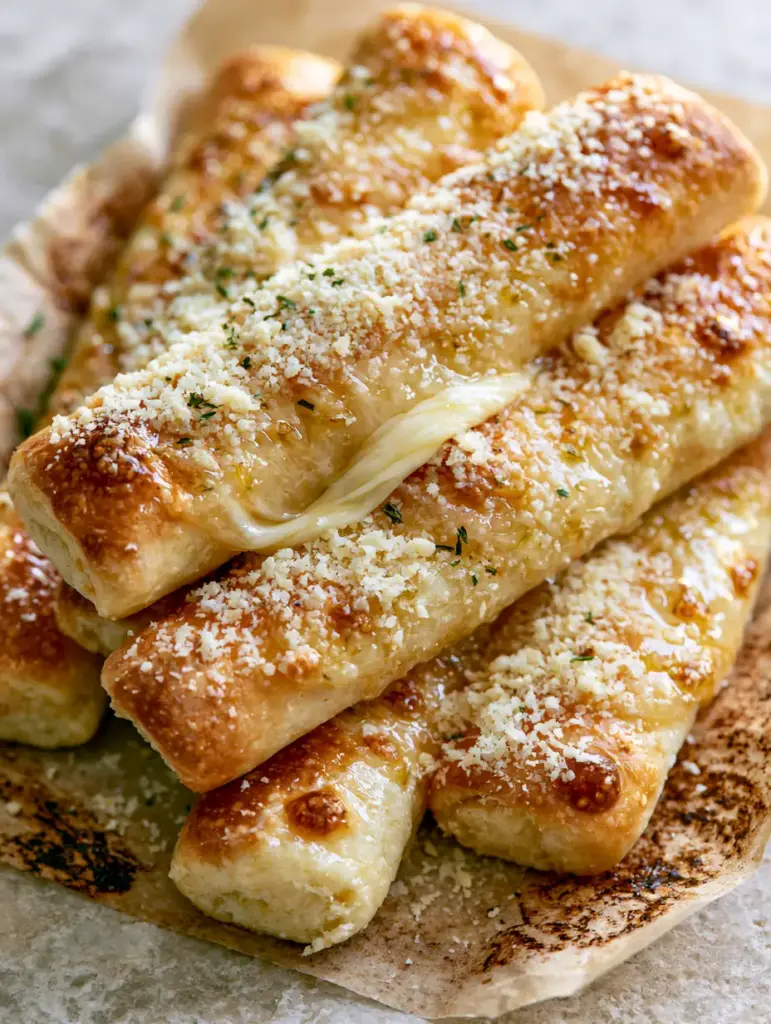 Little Caesars Style Crazy Bread Recipe: The Ultimate Cheesy Garlic Breadsticks 1 Top-down view of golden-brown breadsticks with toasted bubbles, heavily coated in garlic butter and snowy parmesan.
