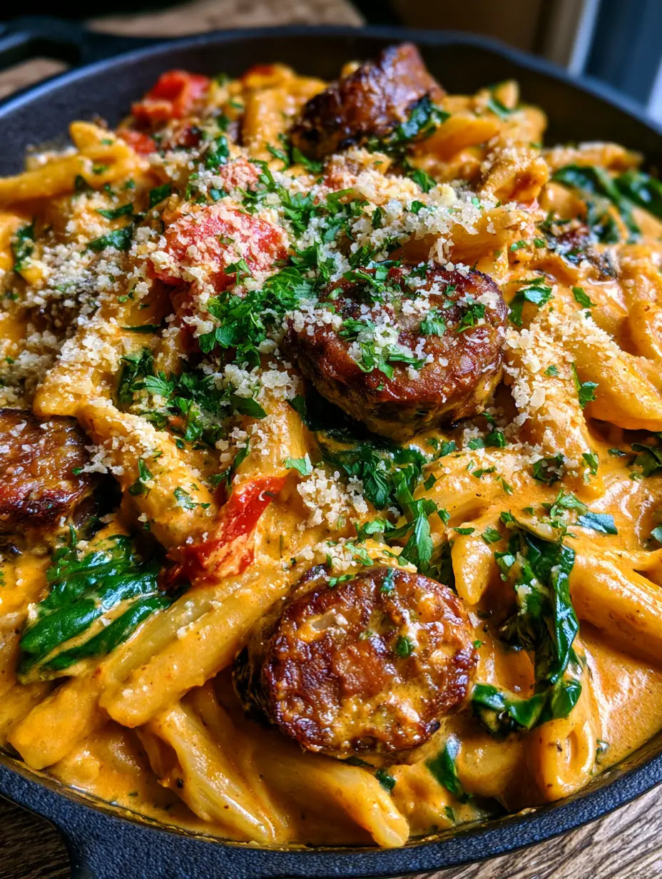 Creamy Cajun Sausage Penne: A One-Pot Skillet Masterpiece 3 Close-up macro shot of Creamy Cajun Sausage Penne in a skillet with glossy orange sauce and bright green spinach ribbons.