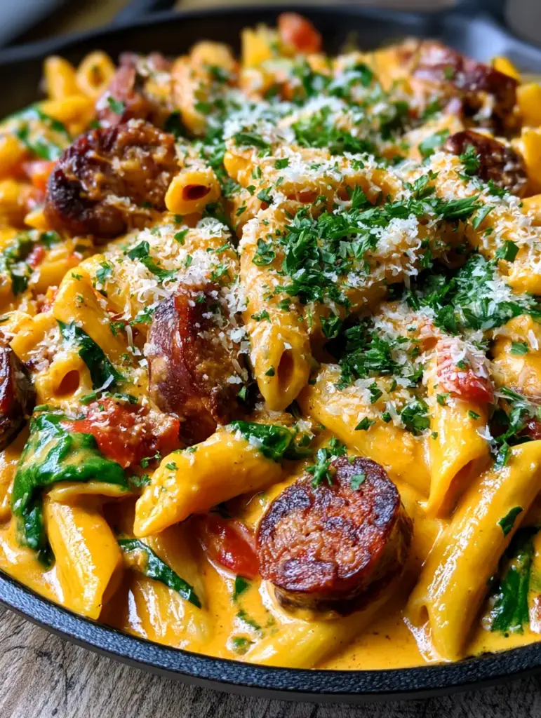 Creamy Cajun Sausage Penne: A One-Pot Skillet Masterpiece 1 Overhead view of the Creamy Cajun Sausage Penne featuring fluffy parmesan dusting and fresh chopped parsley.