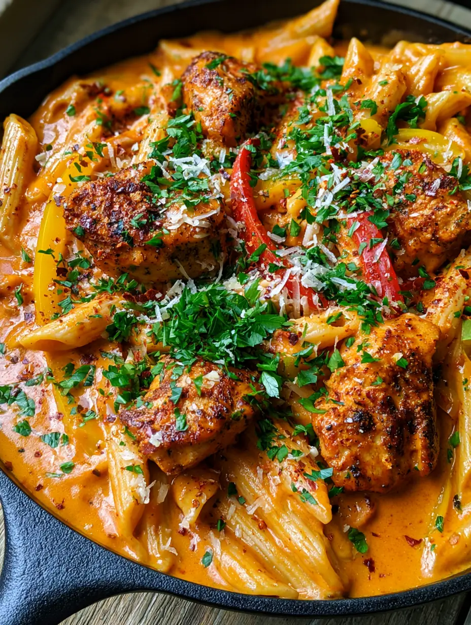 One Pot Cajun Chicken Pasta: The Ultimate Creamy Skillet Dinner 3 Extreme close-up of glossy One pot Cajun chicken pasta with charred chicken and bell peppers.