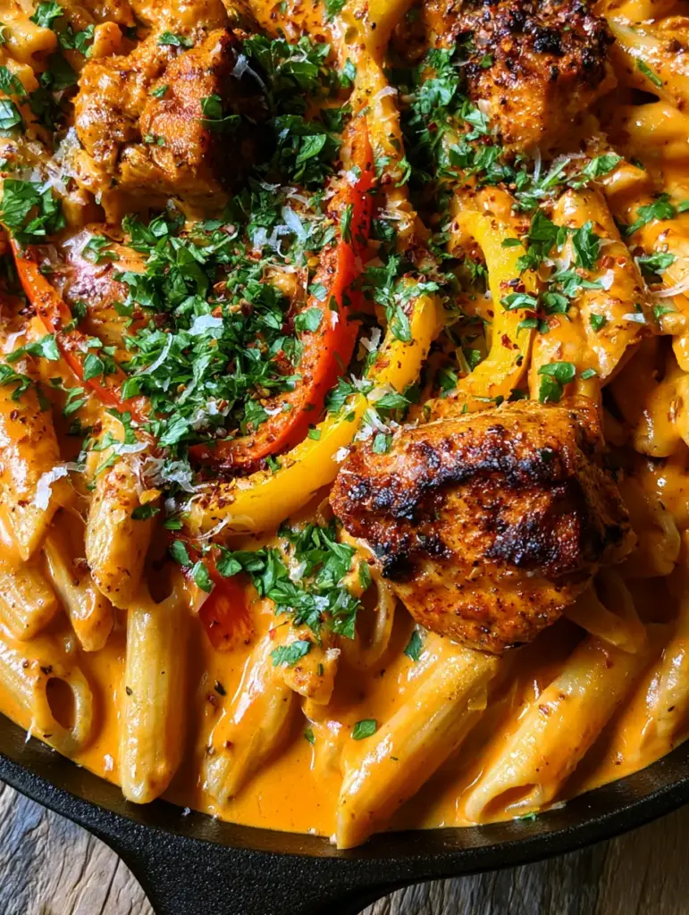 One Pot Cajun Chicken Pasta: The Ultimate Creamy Skillet Dinner 1 Detail of al dente penne pasta in a vibrant orange creamy cajun sauce with parsley garnish.