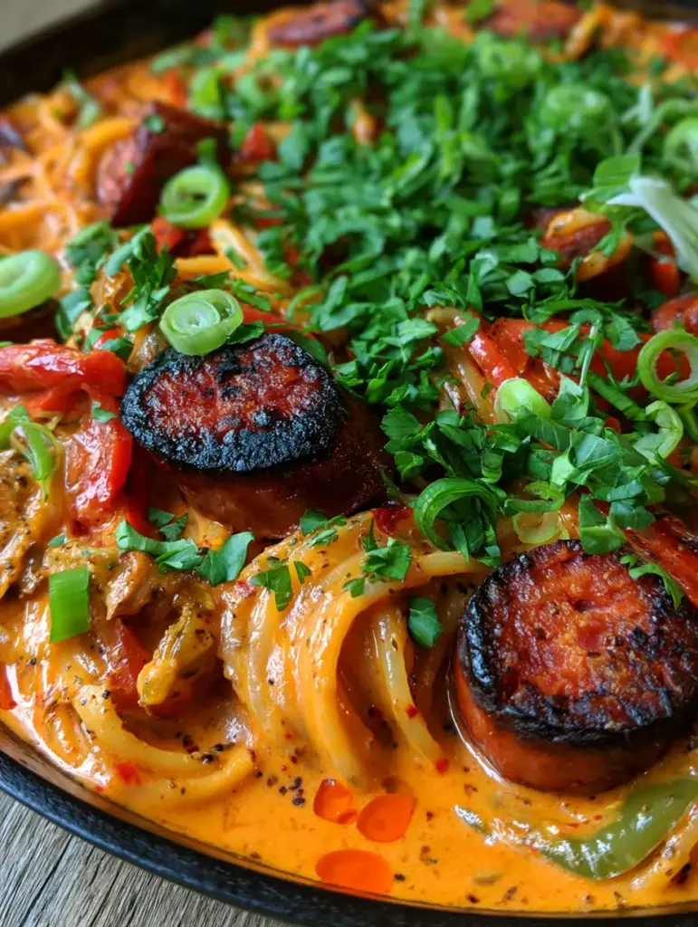Creamy Cajun Spaghetti with Charred Andouille Sausage 2 Extreme close-up of glossy Creamy Cajun spaghetti strands coated in orange-red sauce with black pepper specks.