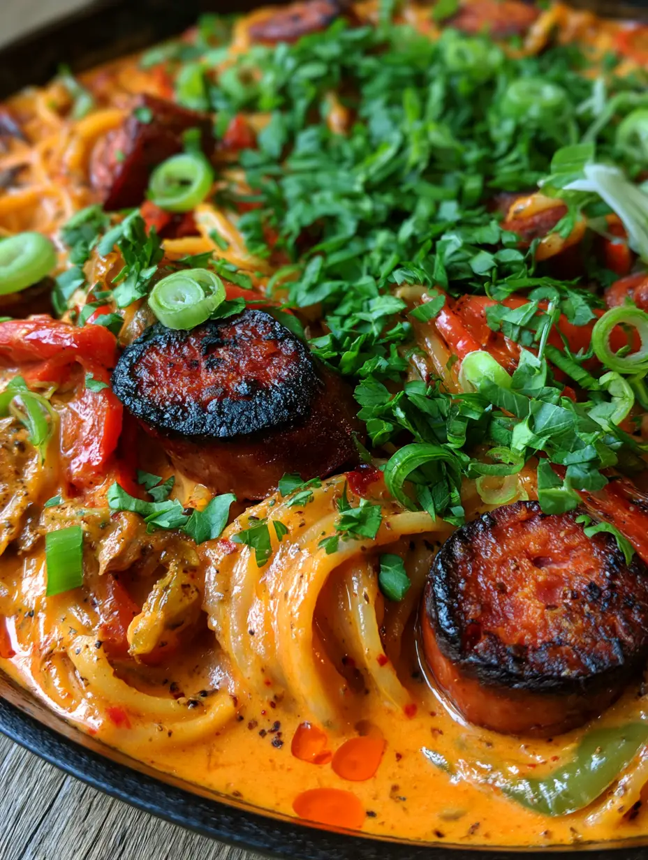 Creamy Cajun Spaghetti with Charred Andouille Sausage 3 Extreme close-up of glossy Creamy Cajun spaghetti strands coated in orange-red sauce with black pepper specks.