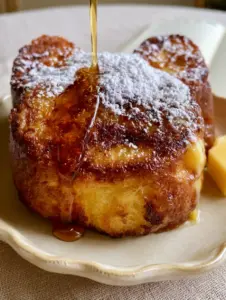 A macro photo of golden-brown brioche French toast shaped like a French Bulldog head with steam rising. (Frenchie Toast sticker sheet)