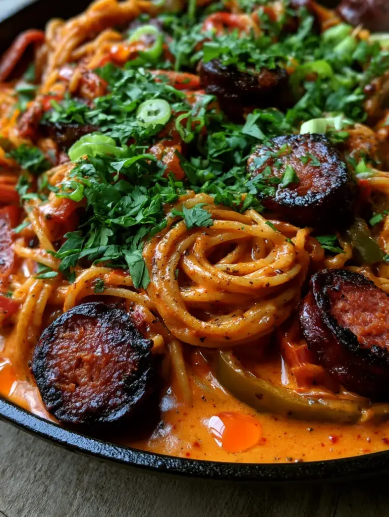 Creamy Cajun Spaghetti with Charred Andouille Sausage 1 Close-up of seared andouille sausage rounds with charred edges nestled in Creamy Cajun spaghetti.