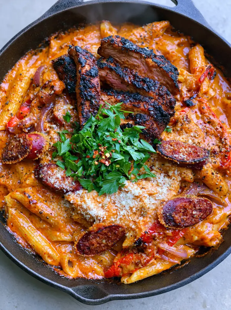 Creamy Cajun Pasta: The Ultimate Bold and Zesty Skillet Dinner 1 Slices of blackened seared chicken breast resting on top of Creamy Cajun Pasta with blistered peppers.