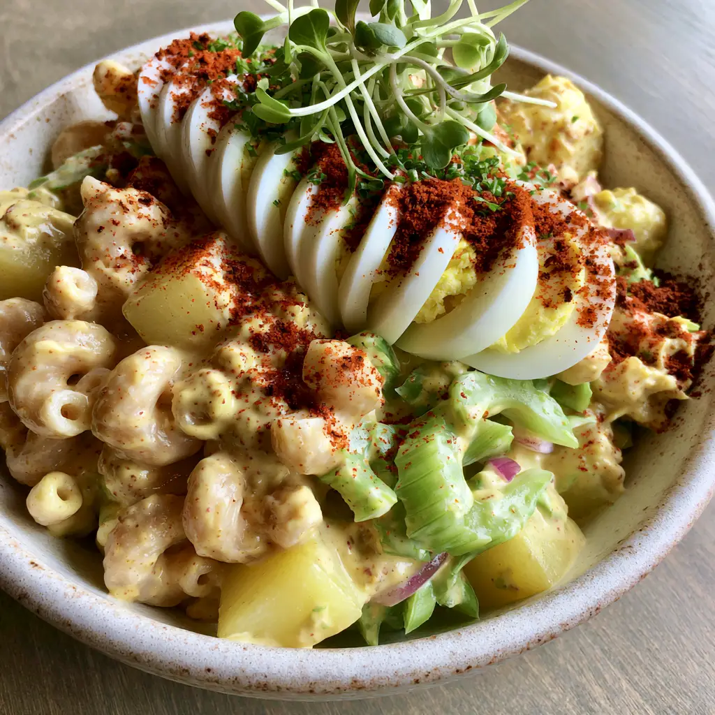 Genshin Impact Fanfiction: The Ultimate Deviled Egg Macaroni Potato Salad 2 Smartphone photo of deviled egg macaroni potato salad in a rustic white bowl under natural morning light. (genshin impact fanfiction)