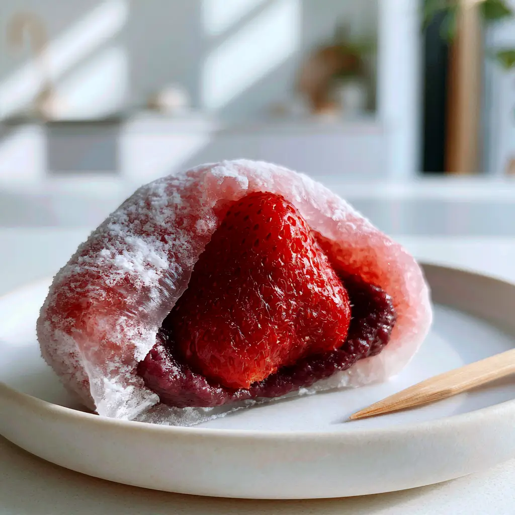 Strawberry Mochi (Ichigo Daifuku): The Ultimate Guide to Perfect Pink Rice Cakes 1 Close up shot of fresh strawberry wrapped in dark red bean paste and pink mochi dough.