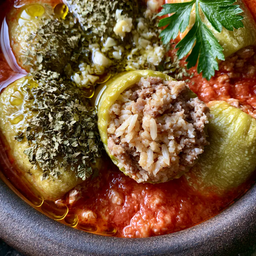 A cross-section of Kousa mahshi showing the fluffy long-grain rice and lamb filling in a rich red sauce.