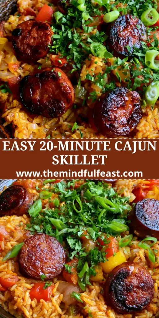 Cajun Sausage and Rice Skillet: The Ultimate One-Pan Comfort Meal 3 A high-angle photo of a Cajun Sausage and Rice Skillet in a black cast iron pan featuring mahogany seared andouille and golden rice grains.