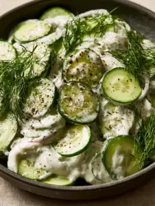 Razor-thin English cucumber slices tossed in a thick opaque white dressing in a matte charcoal bowl. (creamy cucumber salad)