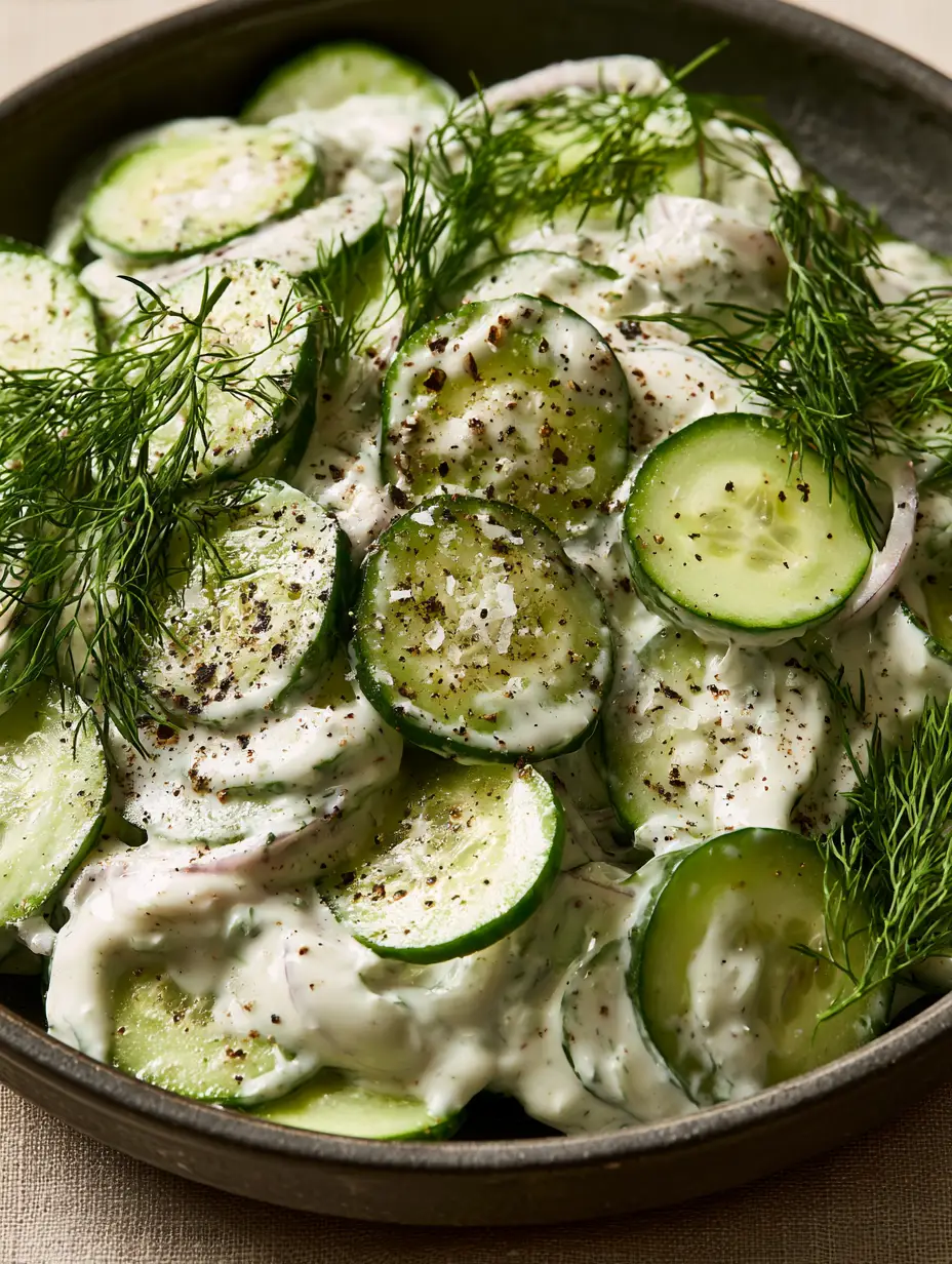 Razor-thin English cucumber slices tossed in a thick opaque white dressing in a matte charcoal bowl. (creamy cucumber salad)