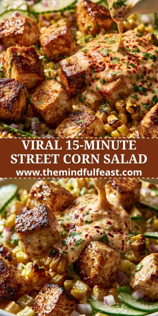 Street Corn Cucumber Chicken Salad with Creamy Lime-Tahini Dressing 4 A vibrant street corn cucumber chicken salad bowl with seared chicken, charred corn, and creamy lime-tahini dressing being poured.