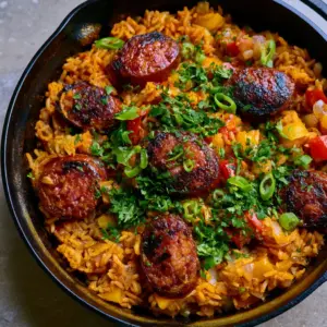 Close-up of fluffy long-grain rice stained golden-orange with thick slices of seared andouille sausage in a Cajun Sausage and Rice Skillet.