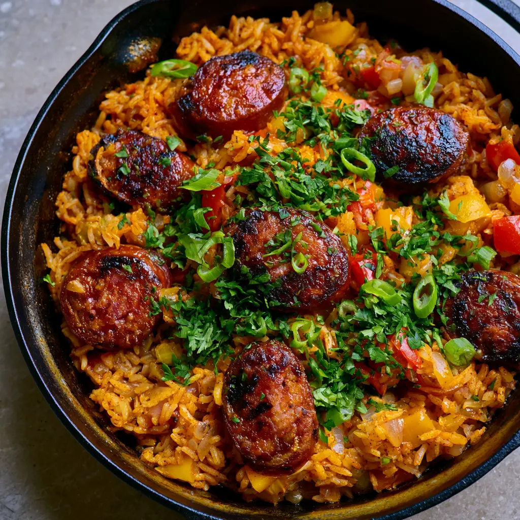 Cajun Sausage and Rice Skillet: The Ultimate One-Pan Comfort Meal 2 Close-up of fluffy long-grain rice stained golden-orange with thick slices of seared andouille sausage in a Cajun Sausage and Rice Skillet.