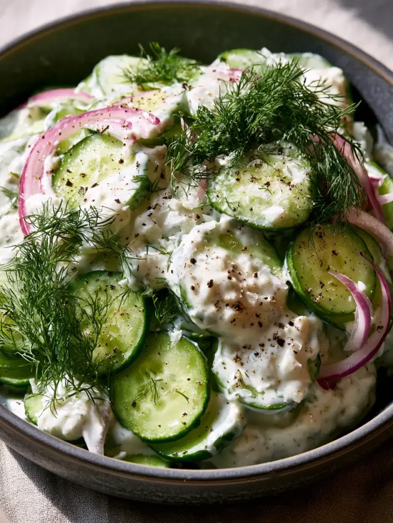 Top-down view of creamy cucumber salad with paper-thin red onion crescents and feathery dill sprigs.
