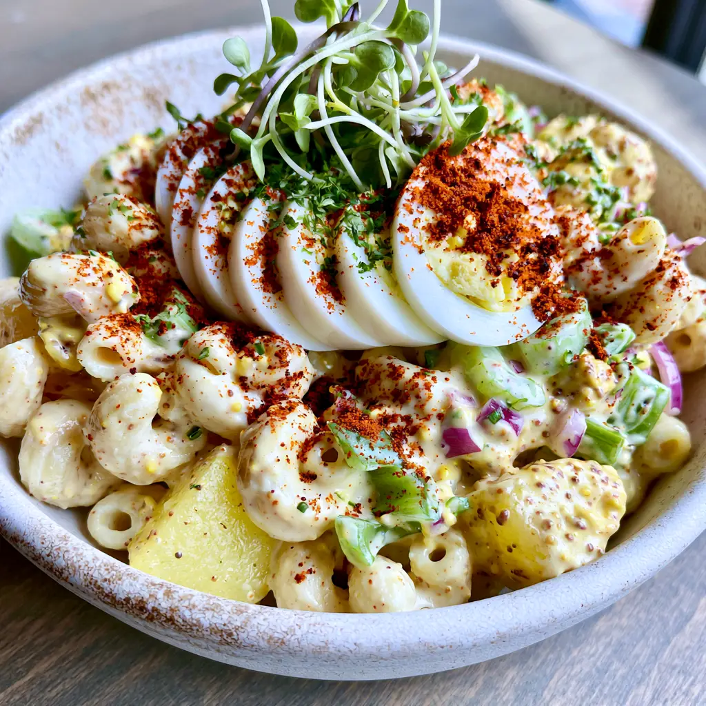 Genshin Impact Fanfiction: The Ultimate Deviled Egg Macaroni Potato Salad 1 Close-up of creamy mustard-mayo dressing being folded into elbow macaroni and potato cubes.