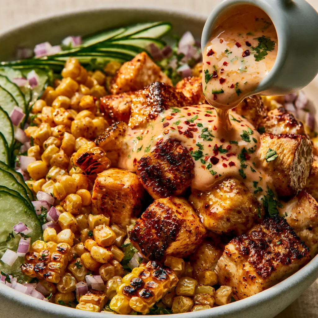 Street Corn Cucumber Chicken Salad with Creamy Lime-Tahini Dressing 2 Extreme close-up of seared chicken breast cubes and charred corn kernels in a street corn cucumber chicken salad.