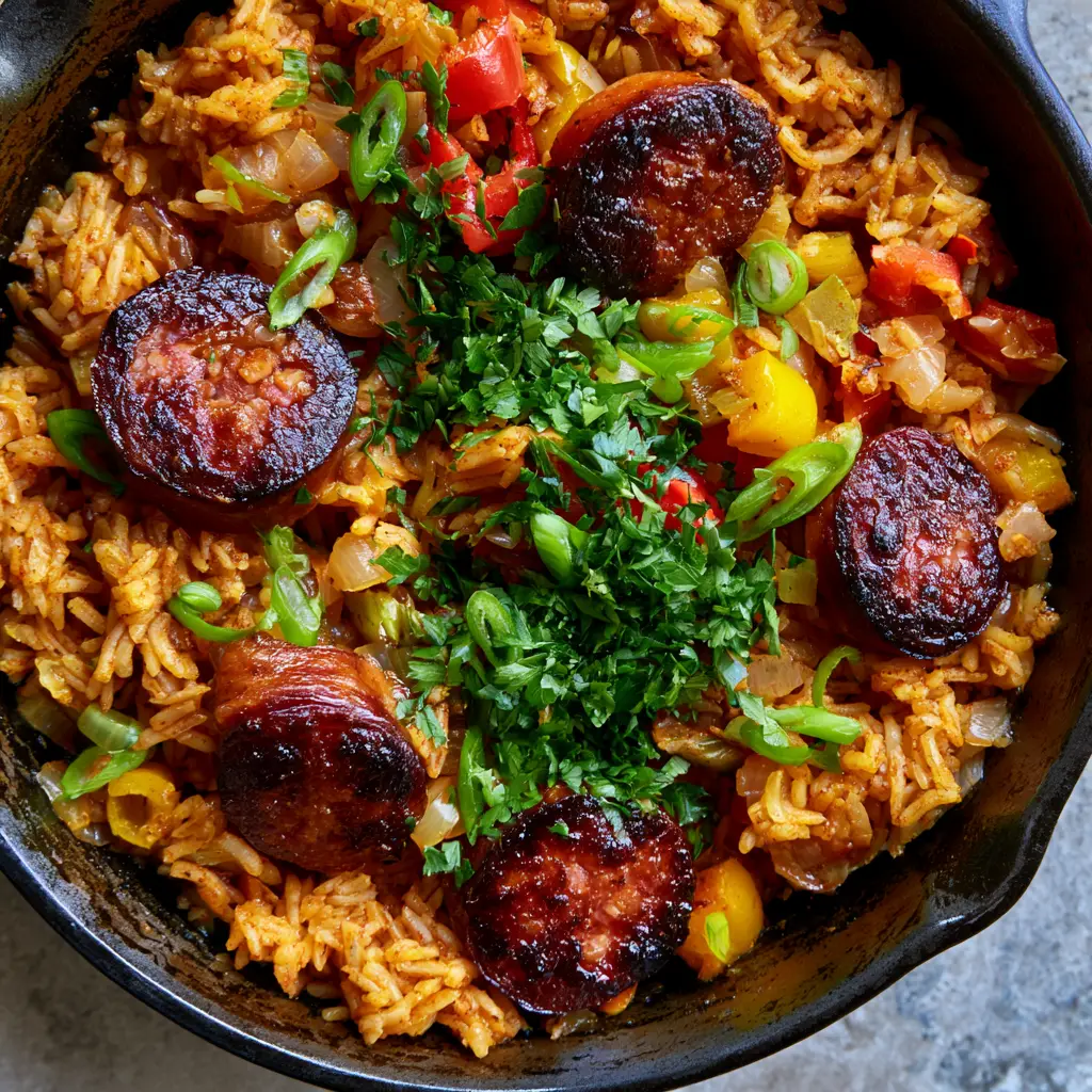 Cajun Sausage and Rice Skillet: The Ultimate One-Pan Comfort Meal 1 A rustic cast iron skillet filled with Cajun Sausage and Rice topped with fresh green scallions and parsley.