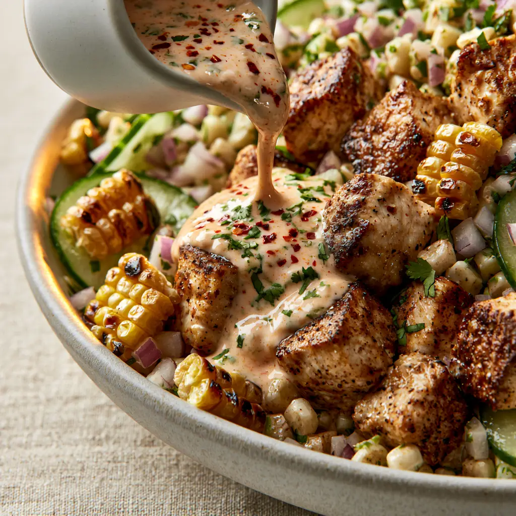 Street Corn Cucumber Chicken Salad with Creamy Lime-Tahini Dressing 1 Creamy orange lime-tahini dressing being poured over street corn cucumber chicken salad.