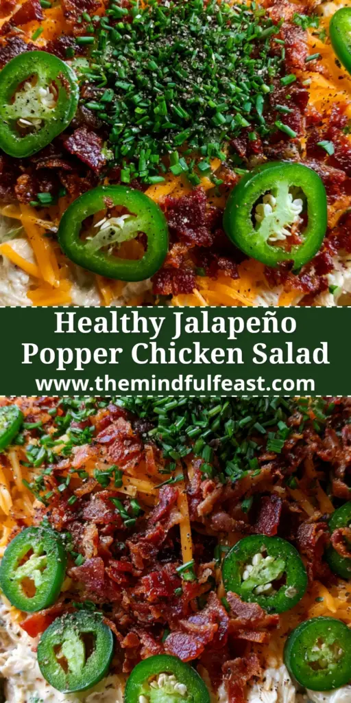 Jalapeño Popper Chicken Salad: The Ultimate Creamy and Crispy Recipe 4 A top-down shot of Jalapeño Popper Chicken Salad in a white bowl with mahogany bacon and green jalapeño rings.