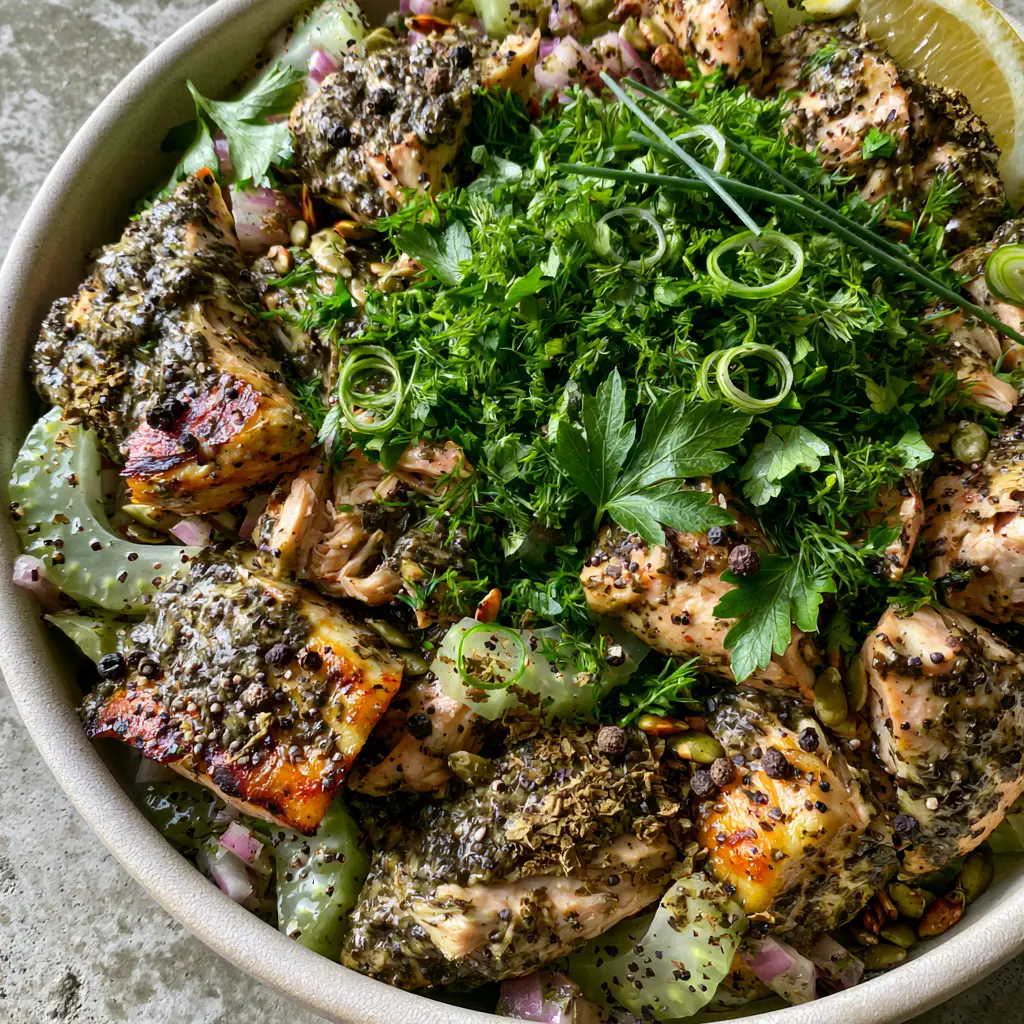Dirty Herb Chicken Salad with Seared Hand-Pulled Chicken 2 Close-up of seared hand-pulled chicken coated in thick herb pesto with peppercorns. (dirty herb chicken salad)