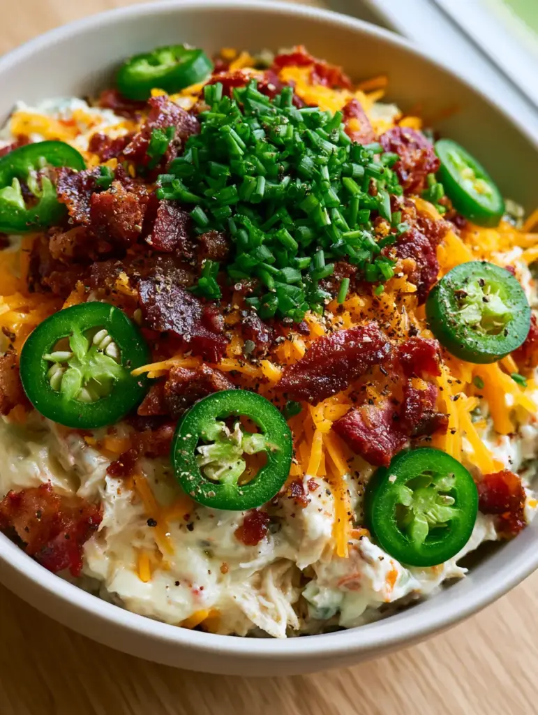 Jalapeño Popper Chicken Salad: The Ultimate Creamy and Crispy Recipe 2 Macro shot of Jalapeño Popper Chicken Salad showing glossy dressing and crispy bacon crumbles.
