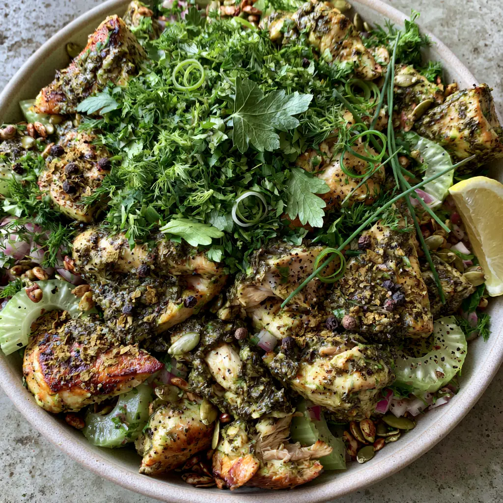 Dirty Herb Chicken Salad with Seared Hand-Pulled Chicken 1 Overhead view of a dirty herb chicken salad garnished with chives, dill, and a lemon wedge.