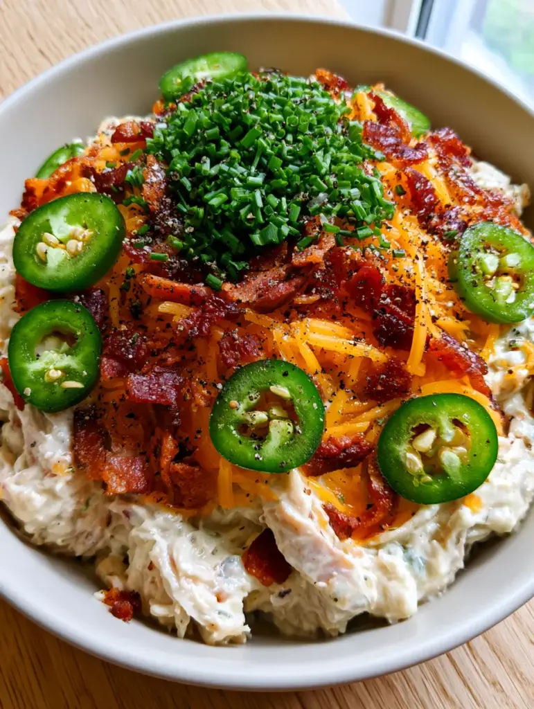 Jalapeño Popper Chicken Salad: The Ultimate Creamy and Crispy Recipe 1 Top-down view of Jalapeño Popper Chicken Salad in a white ceramic bowl on an oak surface.