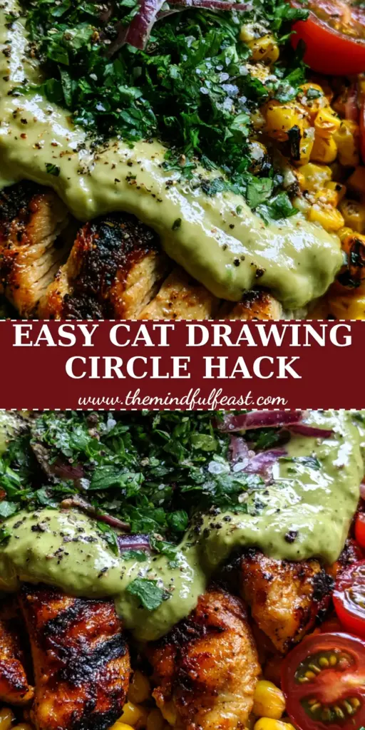 A vibrant top-down view of a multi-layered harvest bowl with seared chicken and avocado crema. (cat drawing idea)