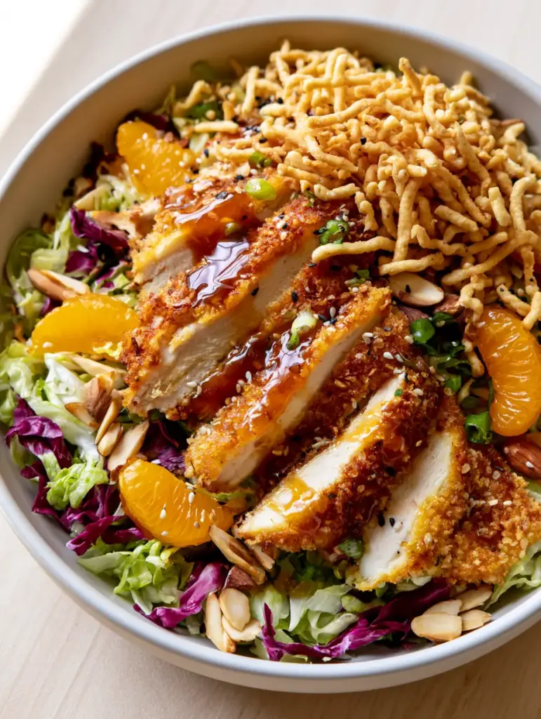 Oriental Chicken Salad with Crispy Panko Chicken and Ginger-Sesame Dressing 1 High-definition texture of chow mein noodles, toasted almonds, and mandarin oranges in an Oriental Chicken Salad bowl.