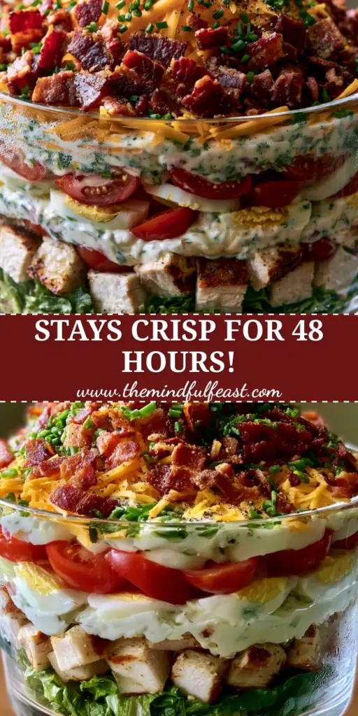 A vibrant Chicken Bacon Ranch Layer Salad in a glass trifle bowl showing layers of romaine, seared chicken, tomatoes, eggs, ranch dressing, and a topping of bacon and cheese.