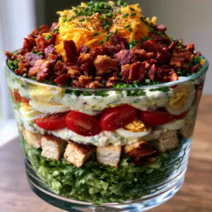 Side-profile view of Chicken Bacon Ranch Layer Salad showing emerald green romaine, golden chicken, and mahogany bacon layers.