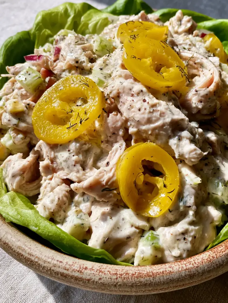 Handheld photo of chicken salad nestled in a bright green butter lettuce leaf with thin red onion slivers and celery.