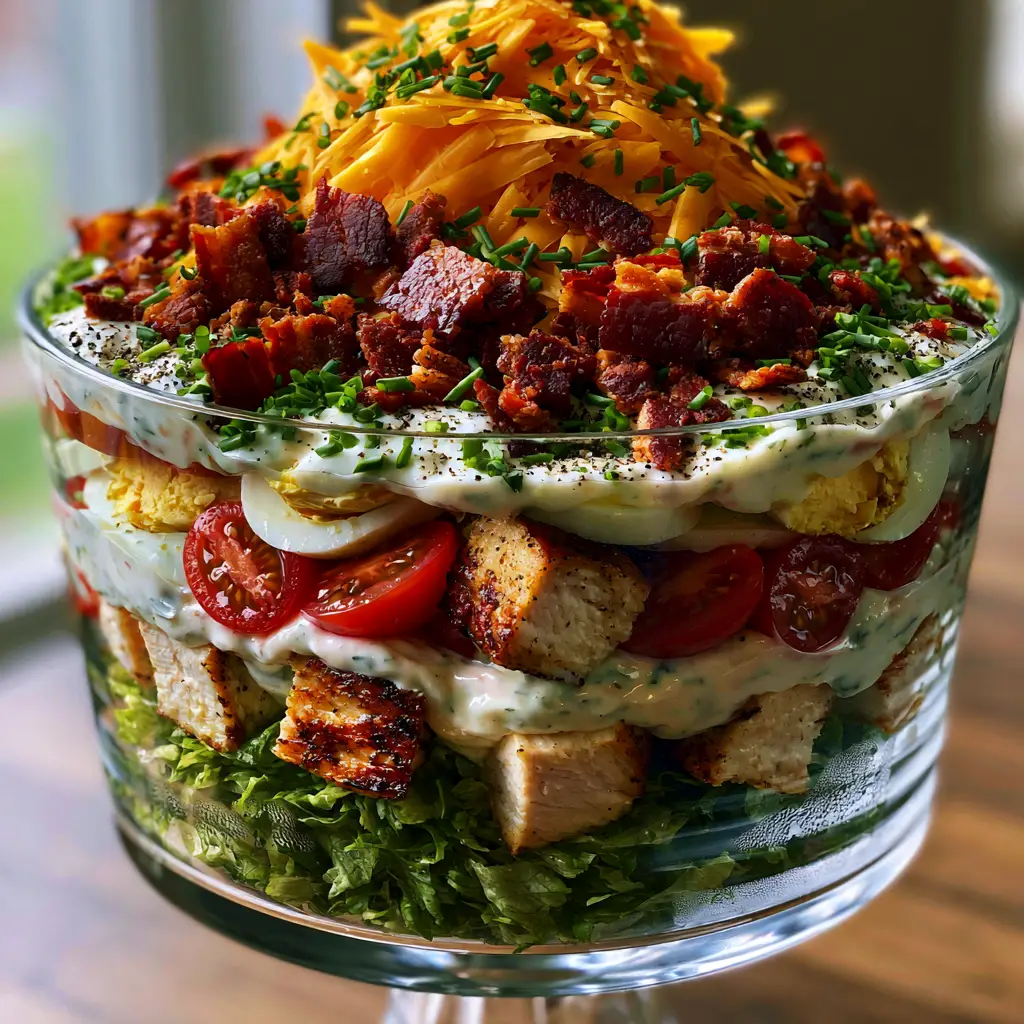 Close up of the high-texture topping of Chicken Bacon Ranch Layer Salad with orange cheddar and mahogany bacon.
