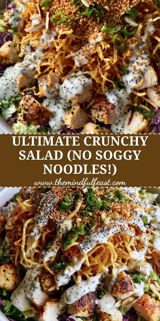 Chicken in the Straw Salad: The Ultimate Crunch Lover's Dream 3 A top-down angled shot of a Chicken in the Straw Salad featuring a massive crown of crispy potatoes and noodles over a base of romaine and purple cabbage with creamy poppyseed dressing.